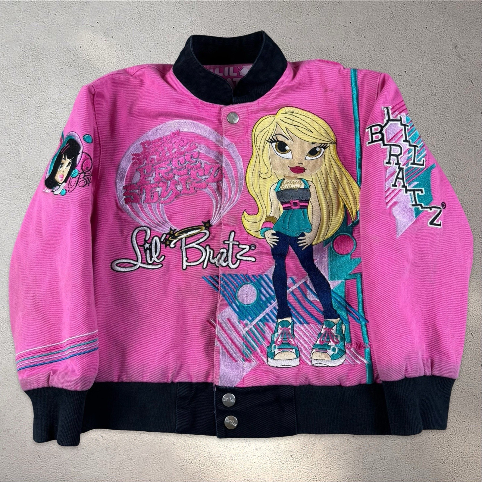 Vtg Y2k Lil Bratz Doll Pink Racing Nascar Style Bomber Jacket Youth Sz S